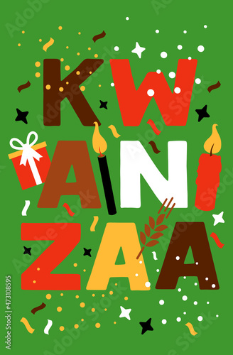 Vector illustration of Kwanzaa. Holiday african symbols with lettering on green background.