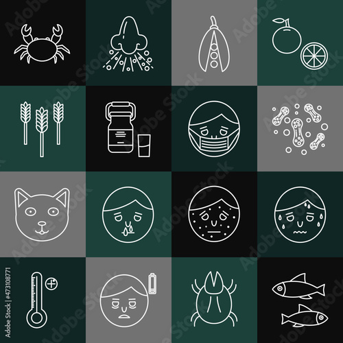 Set line Fish, Man with excessive sweating, Bacteria, Kidney beans, Can container for milk, Wheat, Crab and Face protective mask icon. Vector