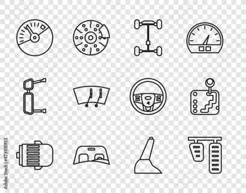 Set line Electric engine, Car gas and brake pedals, Chassis car, windscreen, Speedometer, Windscreen wiper, handbrake and Gear shifter icon. Vector
