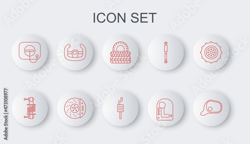 Set line Car mirror, Shock absorber, tire, Gear shifter, Oil filler cap at gas station, Sport steering wheel, brake disk with caliper and muffler icon. Vector
