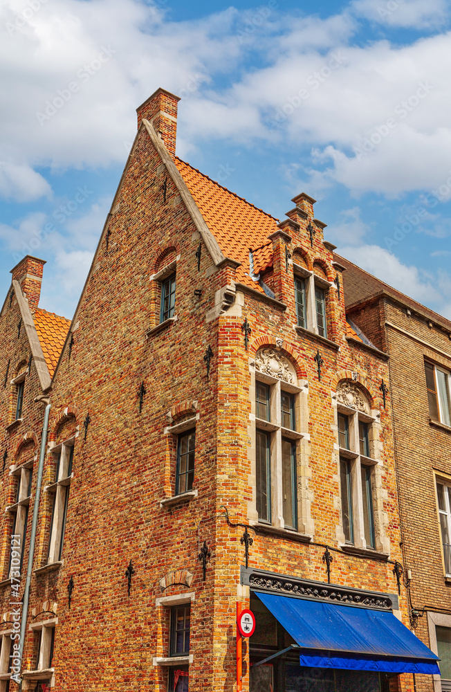 Traditional colorful Belgian house facades in Bruges.