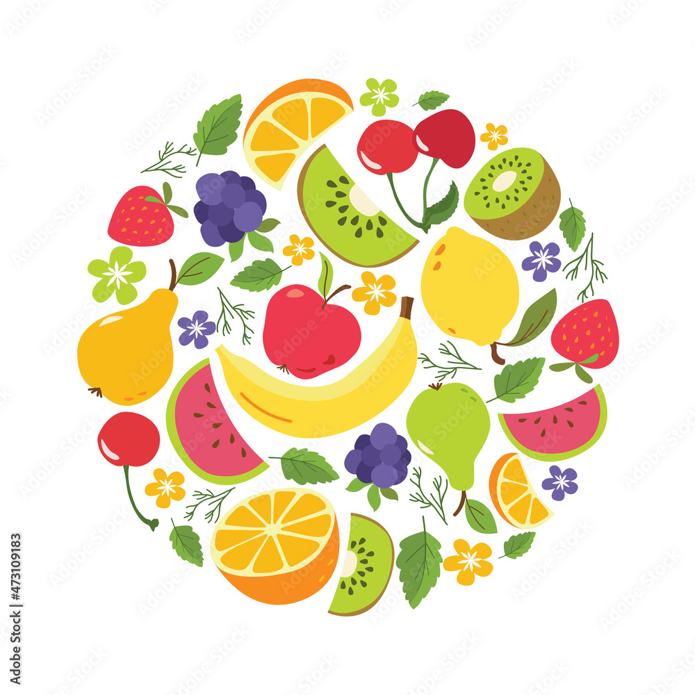 Vector fruits in round composition. A bright illustration of fresh fruit. Healthy vegetarian food, orange, cherry, mint, blue raspberry, banana, kiwi, lemon, watermelon, strawberry, pear, apple. Vector fruits in round composition. A bright illustration of fresh fruit. Healthy vegetarian food, orange, cherry, mint, blue raspberry, banana, kiwi, lemon, watermelon, strawberry, pear, apple.