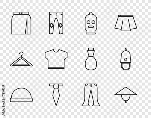 Set line Beanie hat, Asian conical, Balaclava, Tie, Skirt, T-shirt, Pants and Police cap with cockade icon. Vector