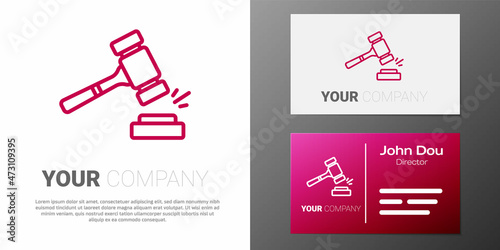 Logotype line Auction hammer icon isolated on white background. Gavel - hammer of judge or auctioneer. Bidding process, deal done. Auction bidding. Logo design template element. Vector