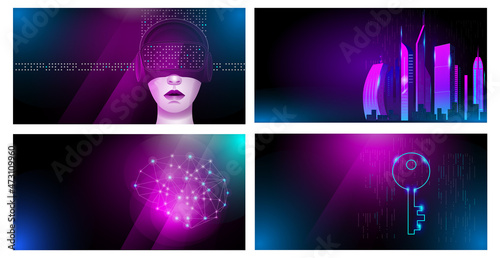 A set of horizontal banners in neon colors on the theme of modern computer technologies. The concepts of vector illustrations in the style of cyberpunk.
