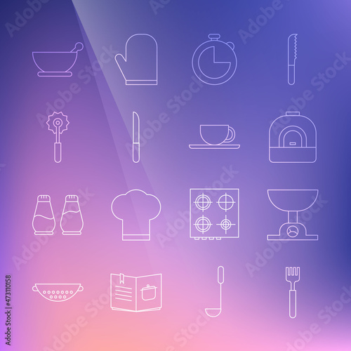 Set line Fork, Electronic scales, Oven, Kitchen timer, Knife, Pizza knife, Mortar and pestle and Coffee cup icon. Vector
