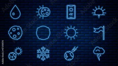 Set line Storm, Meteorology windsock wind vane, Weather forecast, Moon, Water drop, Sun and Eclipse of sun icon. Vector