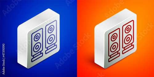 Isometric line Stereo speaker icon isolated on blue and orange background. Sound system speakers. Music icon. Musical column speaker bass equipment. Silver square button. Vector