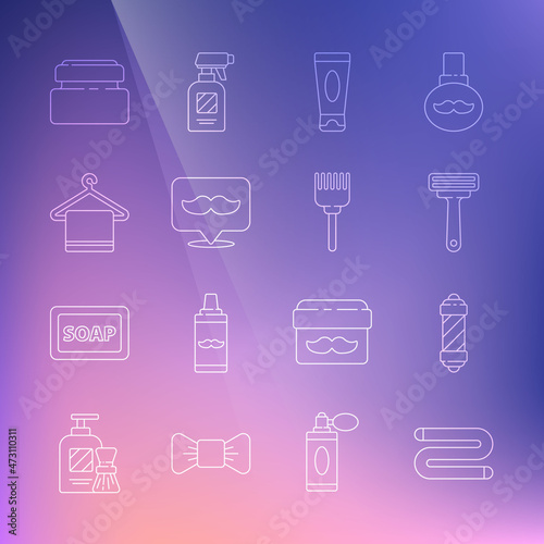 Set line Towel  Classic Barber shop pole  Shaving razor  Cream lotion cosmetic tube  Barbershop  hanger  and Hairbrush icon. Vector