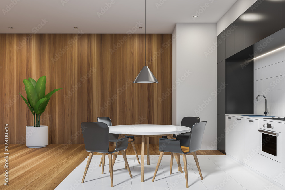 Fototapeta premium Black and white kitchen interior with table and chairs, wooden floor