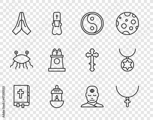 Set line Holy bible book, Christian cross on chain, Yin Yang, Ramadan Kareem lantern, Hands praying position, Stage stand or tribune, Man with third eye and Star of David necklace icon. Vector
