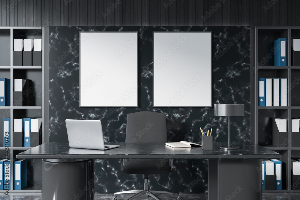 Dark office room interior with two empty white posters, desktop Dark office room interior with two empty white posters, desktop