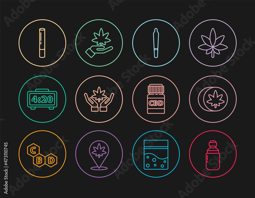Set line Marijuana or cannabis olive oil, Herbal ecstasy tablets, joint, leaf, Digital alarm clock, Medical bottle with and icon. Vector