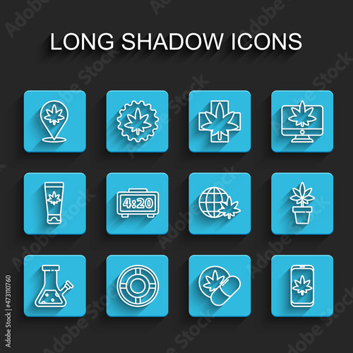 Set line Glass bong for smoking cannabis, Ashtray, Location and marijuana, Herbal ecstasy tablets, Mobile, Digital alarm clock, Marijuana plant and Legalize globe icon. Vector