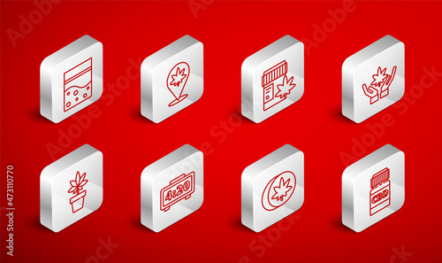 Set line Medical bottle with cannabis, Location and marijuana, Marijuana or leaf, Herbal ecstasy tablets, Plastic bag of, Digital alarm clock and plant icon. Vector
