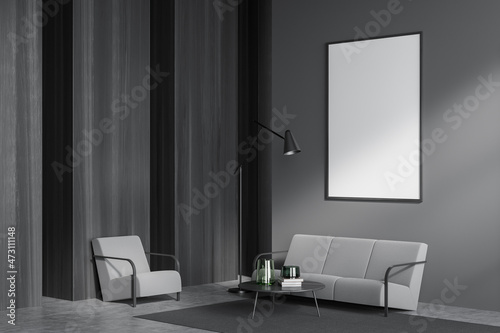 Dark guest room interior with armchair and sofa, mockup poster © ImageFlow