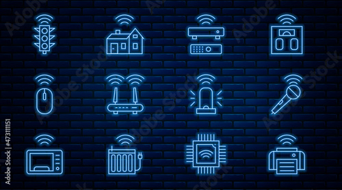 Set line Smart printer, Wireless microphone, TV box receiver, Router and wi-fi signal, mouse, traffic light, flasher siren and home with wireless icon. Vector