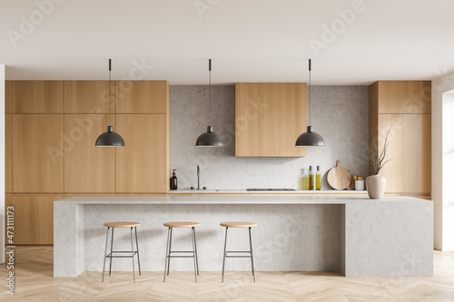 Fotografiet Light kitchen set interior with table and three seats, shelves and kitchenware