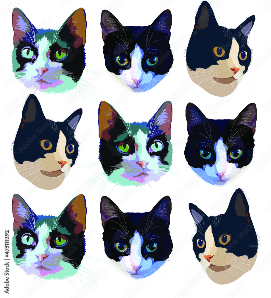 Vector cats. Portraits of cats. For printing on fabric. Vector cats. Portraits of cats. For printing on fabric.