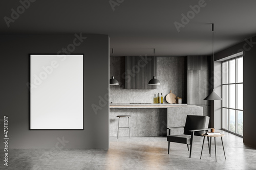 Grey kitchen interior with armchair and kitchen set with table  mock up poster