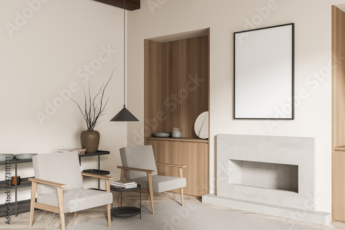Bright living room interior with empty white poster  fireplace