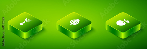 Set Isometric Garlic, Peach fruit or nectarine and Onion icon. Vector