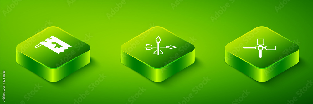 Obraz premium Set Isometric Medieval arrows, Oars or paddles boat and Viking flag icon. Vector