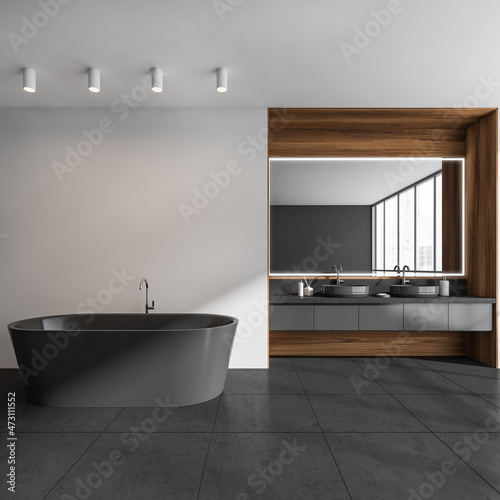 Dark bathroom interior with empty white wall, two sinks, mirror