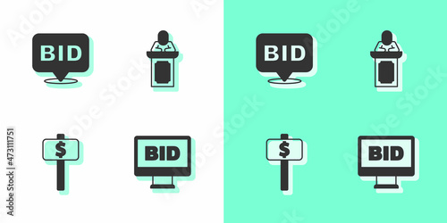 Set Online auction, Bid, Hand holding paddle and Auction auctioneer sells icon. Vector