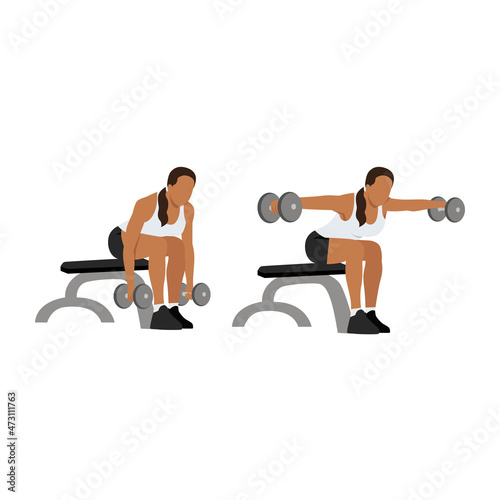 Woman doing Dumbbell bent over reverse flyes. Flat vector illustration isolated on white background