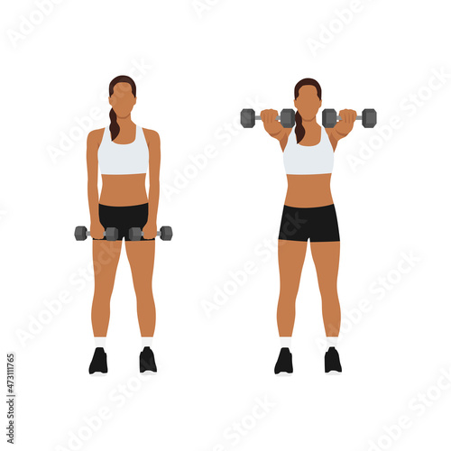 Woman doing Two arm dumbbell front shoulder raises exercise. Flat vector illustration isolated on white background