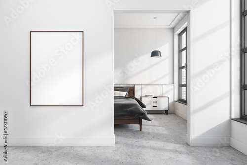 Mock up canvas on white wall with bedroom on background