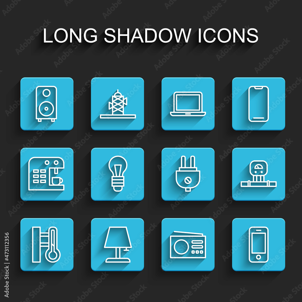 Set line Meteorology thermometer, Table lamp, Stereo speaker, Radio, Smartphone, Light bulb, sensor and Electric plug icon. Vector
