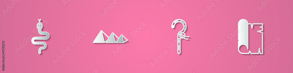 Set paper cut Snake, Egypt pyramids, Crook and Papyrus scroll icon. Paper art style. Vector