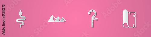 Set paper cut Snake, Egypt pyramids, Crook and Papyrus scroll icon. Paper art style. Vector