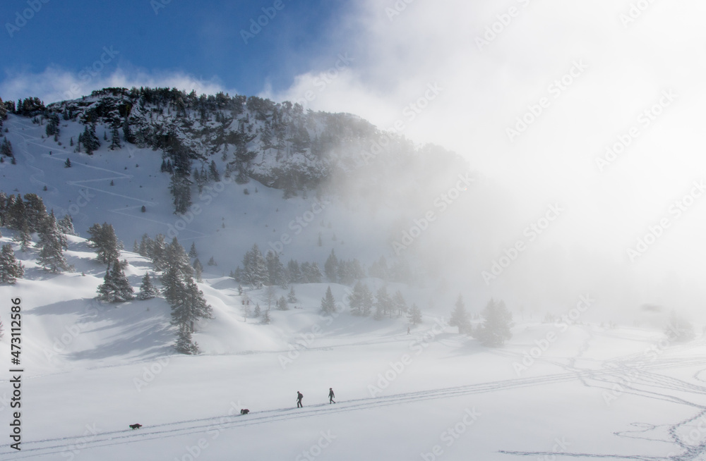 paysage alpin: Chamrousse et le massif de Belledonne sous la neige en hiver avec des nuages dans la vallée