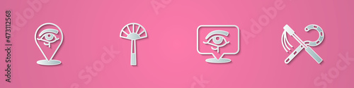 Set paper cut Eye of Horus, Egyptian fan, and Crook and flail icon. Paper art style. Vector