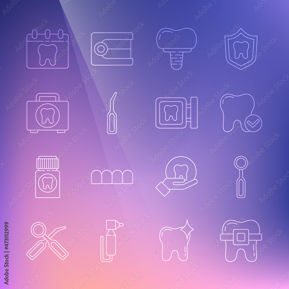 Set line Teeth with braces, Dental inspection mirror, Tooth whitening concept, implant, explorer scaler, First aid kit, Calendar tooth and clinic location icon. Vector Set line Teeth with braces, Dental inspection mirror, Tooth whitening concept, implant, explorer scaler, First aid kit, Calendar tooth and clinic location icon. Vector