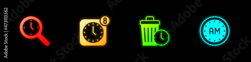 Set Magnifying glass with clock, Alarm app mobile, Waste of time and Morning icon. Vector