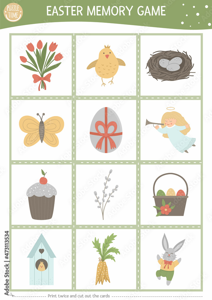 Vector Easter memory game cards with traditional holiday symbols. Matching activity with cute characters. Remember and find correct card. Simple spring printable worksheet for kids. . Vector Easter memory game cards with traditional holiday symbols. Matching activity with cute characters. Remember and find correct card. Simple spring printable worksheet for kids. .