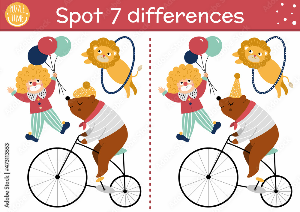 Circus find differences game for children. Educational activity with bear  on bike, clown, lion. Amusement show puzzle for kids with funny animal  artists. Festival printable worksheet or page. Stock Vector | Adobe