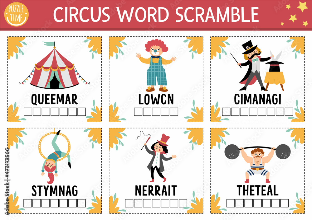 Naklejka premium Vector circus word scramble square cards. English language game with marquee, clown, athlete for kids. Amusement holiday family quiz with funny performers. Educational printable activity page..