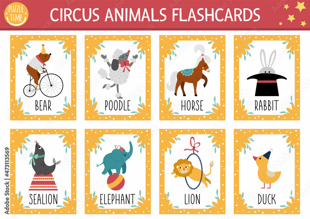 Vector circus animals flash cards set. English language game with cute  lion, elephant, bear for kids. Amusement show flashcards with stage  performers. Simple educational printable worksheet. Stock Vector | Adobe  Stock