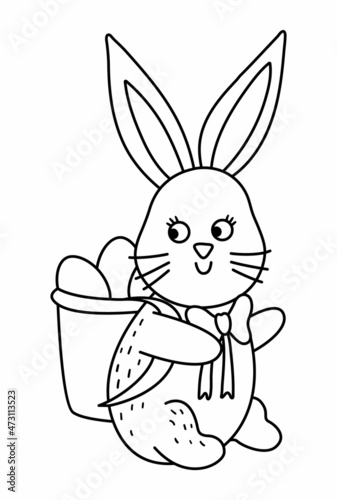 Vector black and white bunny carrying basket with eggs illustration. Easter traditional animal line icon. Cute spring rabbit coloring page for kids..