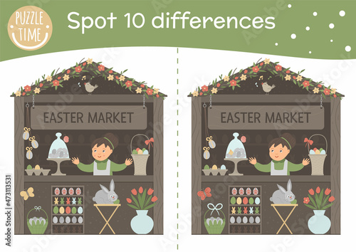 Easter find differences game for children. Holiday activity page with market stall, bunny, colored eggs. Printable worksheet with cute happy character. Spring puzzle for kids.