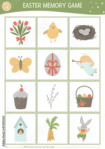 Vector Easter memory game cards with traditional holiday symbols. Matching activity with cute characters. Remember and find correct card. Simple spring printable worksheet for kids. .
