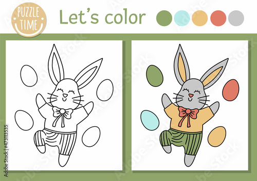 Easter coloring page for children. Funny bunny with colored eggs. Vector holiday outline illustration with cute traditional animal. Adorable spring color book for kids with colored example.