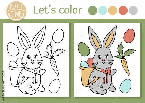 Easter coloring page for children. Funny bunny with basket, colored eggs, carrot. Vector holiday outline illustration with cute animal. Adorable spring color book for kids with colored example