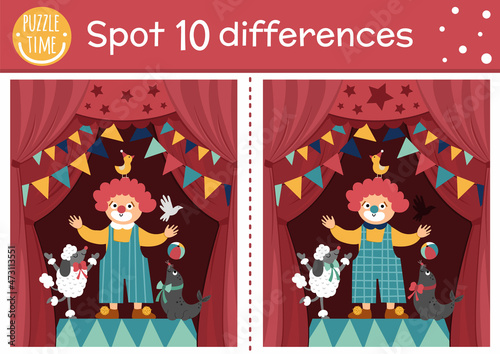 Circus find differences game for children. Educational activity with cute clown, animals on stage. Amusement show puzzle for kids with funny artist. Festival printable worksheet.
