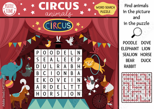 Vector circus wordsearch puzzle for kids. Simple amusement crossword with funny animal performers on the stage for children. Activity with lion, bear, rabbit, poodle